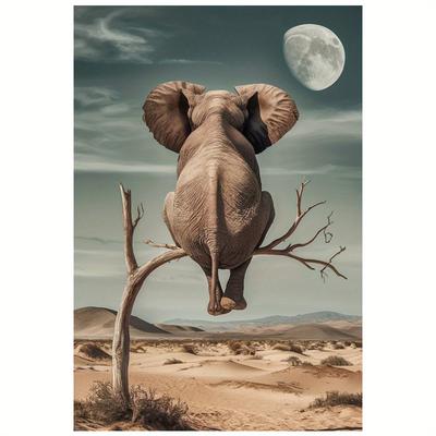 TEMU Elephant & Moon Canvas Art Poster - Surreal Desert Scene, Unframed Wall Decor, 12x18 Inches Image