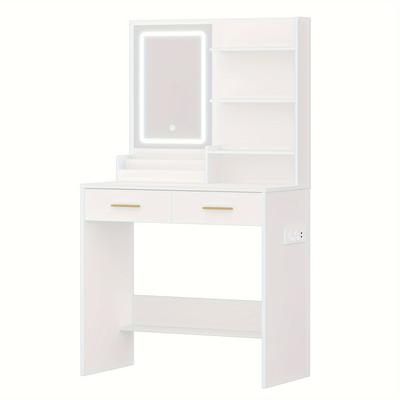 TEMU Dressing Table With Led Light, 2 Ac Outlets And 2 Usb, With 2 Drawers And 4 Open Compartments, Storage Compartment, For Bedroom, Living Room, Bathroom, , No Stool, White Image