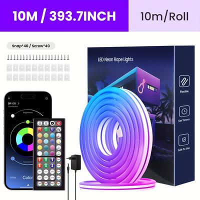 TEMU Rgb Led Neon Lights, European Standard Plug, With App & Remote Control, Adjustable Color, Can Followmusic Rhythm Through App, Flexible Neon Strip Lights Rgb Rope Lights, For Bedroom Room Decor Image
