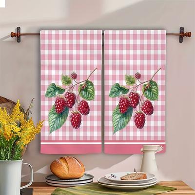 TEMU 2pcs,spring/summer Kitchen Towels Towels Set, Raspberries On Checkered Background, Spring/summer Kitchen Towels, Ideal For Farmhouse Bathroom Living Room Decor Image