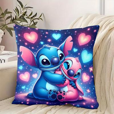 TEMU 1pc Stitch & Decorative Throw Pillow Cover - Vibrant Cartoon Design With Hearts, Single-sided Zipper, 100% Polyester, Ideal For Sofas & Home Decor, Valentine's Day & Easter, Home Decor Image
