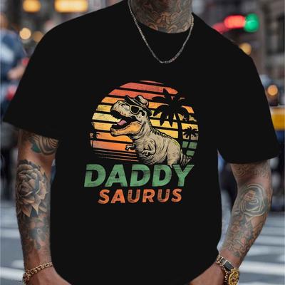 TEMU Daddy Graphic Tee For Men - Casual Crew Neck Short Sleeve, Lightweight Summer Shirt With Dinosaur Print, White Polyester T-shirt For Casual Attire, Summer Casual Wear | Tee | Polyester Fabric Image
