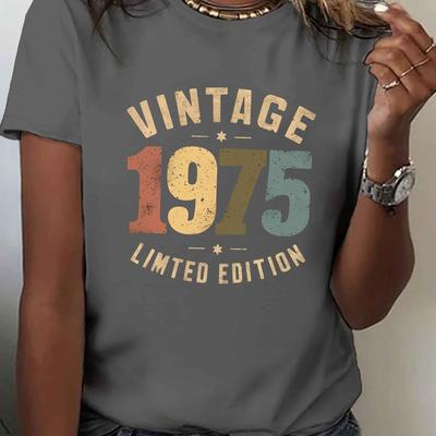 TEMU Vintage 1975 Print T-shirt, Short Sleeve Crew Neck Casual Top, Polyester Spandex , Geometric Pattern, Regular Length, 180g/m² Knit Fabric, Women's Clothing Image