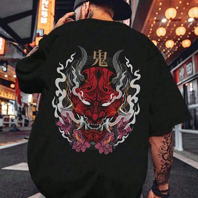 TEMU [everyday ] Men's Casual Polyester T-shirt | Graphic Print With Red Mask & | Round Neck, Short Sleeve | Breathable Knit Fabric | Summer Streetwear Essential Image
