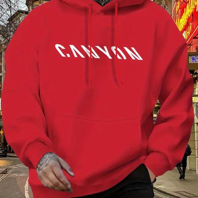 TEMU Men's Thermal Fleece-lined Hooded Sweatshirt With Canyon Print - Casual Regular Fit Pullover For Autumn Winter, Machine Washable, Autumn Winter Apparel Image