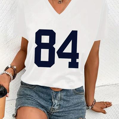TEMU Graphic Print T-shirt, Short Sleeve V Neck Casual Top For Summer & Spring, Women's Clothing Image