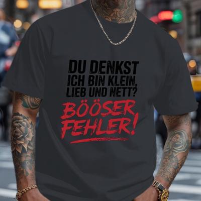 "TEMU Men's Lightweight Crew Neck Short Sleeve T-shirt - Casual Summer Tee With "du Denkst Ich Bin Klein" Print, Beige Color, Polyester Fabric, For Casual Attire" Image