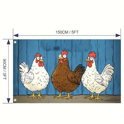 TEMU 1pc Funny What Chicken 2 Flag - Vibrant Cartoon Chickens Design, Durable Polyester For Indoor/outdoor Use, Gardens, Parties, Weddings, Birthdays & Home Decor, Chicken Decor Image