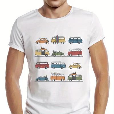 TEMU Men's Vintage Campervan Graphic T-shirt - 100% Cotton Retro Surf & Bus Tee, Regular Fit Short Sleeve Round Neck, 180gsm Machine Washable Hipster Top For Casual Attire Image