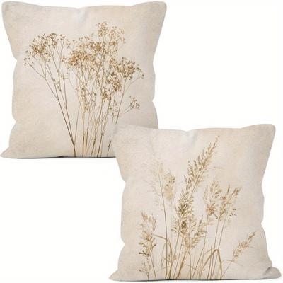 TEMU 2pcs Beige Neutral Botanical Throw Pillow Covers 18x18 Set Of 2, Fall Vintage Rustic Decor Pillow Cases For Bedroom Living Room, Floral Flower Decorative Pillowcases For Couch Bed Image