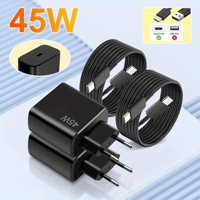 TEMU 2 Sets 45w Usb-c Super Fast Charger Block & 2m Long Type-c Cable For S25 Ultra/s25/s25+/s24/s24+/s24ultra/s23+/s23 Ultra/s22 Ultra Ppsfor 16/16 Pro/16 /16plus/15/15promax, Wall Charger-black Image