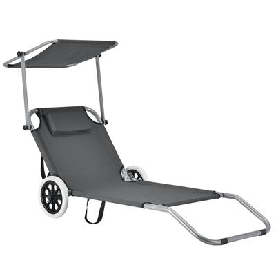 TEMU Sun Lounger With Canopy And Wheels, Garden Lounger, Beach Lounger, Adjustable, Gray Image