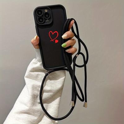 TEMU Fashion Shockproof Red Heart Pattern Lanyard Silicone Phone Case For Iphone 16 15 14 11 Pro Max Xs Xr 7 8 Se2 Se3 Fj1 Image
