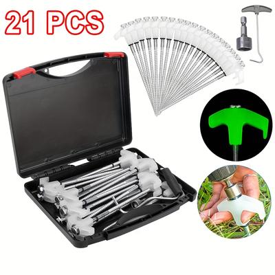 TEMU 21pcs Heavy-duty Screw-in Luminoustent & Awning Pegs Set - Easy-install, No-hammer Ground Stakes For Outdoor Camping, Steel, Includes Storage Case Image