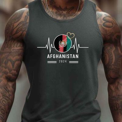 TEMU Men's Athletic Tank Top With Afghan Flag Heartbeat Design - Breathable, Sleeveless Sports Shirt For Summer, Machine Washable, Sports Tank Top Image