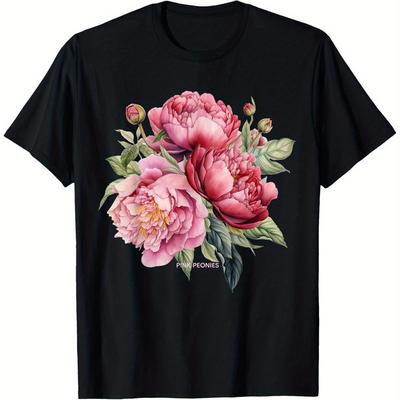 TEMU 100% Cotton T-shirt With Pink Peony Pattern- Casual , Loose Fit, Short Sleeve, S-xxxl, Machine Washable, Suitable For All Image