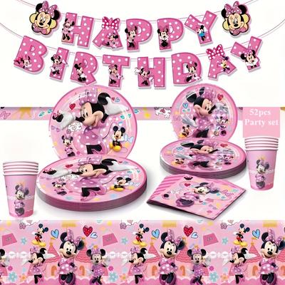 TEMU 52pcs Mickey Party Set Pink Theme Birthday Party Supplies Festival Disposable Tableware, Paper Plates, Paper Cups, Tablecloths, Banners, Decorative Decoration Supplies Image