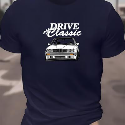 "TEMU Men's Retro "drive Classic" Graphic T-shirt - Orange Polyester Crew Neck With Geometric , Casual & Machine Washable, Vintage T Shirts" Image