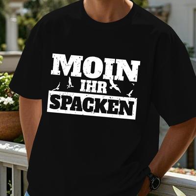"TEMU Men's Funny German Text Graphic T-shirt - "moin " & "moin " Print, Black Geometric Pattern Casual Summer Tee, Regular Fit Round Neck, Machine Washable" Image