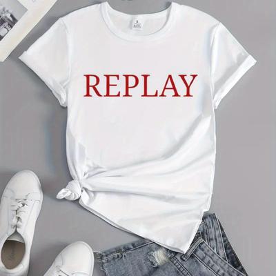 "TEMU Women's Casual "" Graphic Tee - Loose Fit Round Neck Short Sleeve Activewear, Black With Red Print, Machine Washable, Casual Attire Or Workouts, Gym Shirts" Image