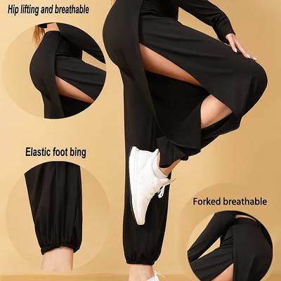 TEMU Women's High-waisted Yoga Joggers With Side Slit - Black, Loose Fit, Elastic Waistband, Breathable Fabric For Running, Fitness & Casual Wear - Spring/summer Collection, Workout Accessories Image