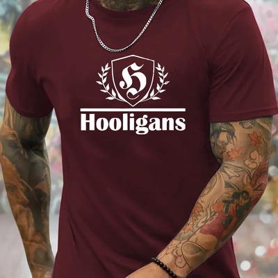 "TEMU Men's Casual Athletic T-shirt - Short Sleeve, Black With White "" Graphic Print, Wreath Design, Round Neck, Summer And Sporty Style, Durable Sportswear, Sports T Shirt" Image