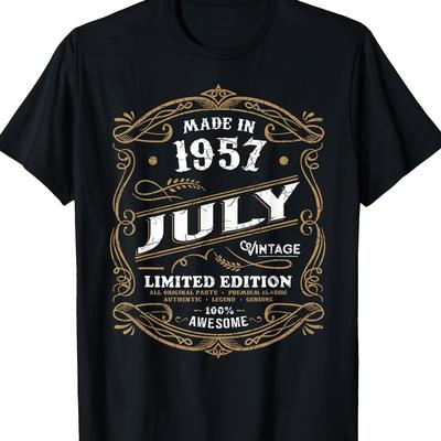 TEMU Men's 64th Birthday Vintage T-shirt - 1957 Edition Black Retro Graphic Tee With Golden Accents, 100% , Regular Fit Short Sleeve Casual Shirt For Casual Attire, Machine Washable Top Image