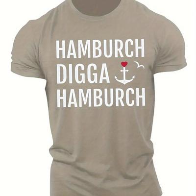 "TEMU Men's Casual Summer T-shirt - Fun German Geometric Print With " Hamburch" Design, Round Neck, Short Sleeve, Machine Washable, Blue, Everyday Clothing | Graphic Tee | Top" Image