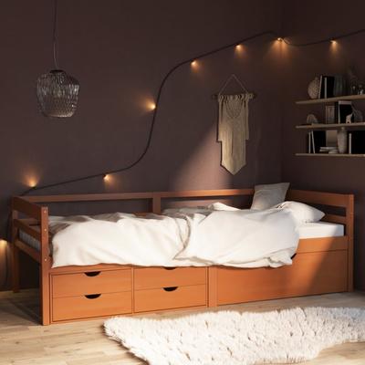 TEMU Solid Wood Bed With Drawers Honey Brown Pine 90x200 Cm, Hardwood Frame With Storage Drawers Image