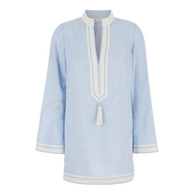 Tasseled Webbing-Trimmed Crepe Tunic - Blue - Tory Burch Tops