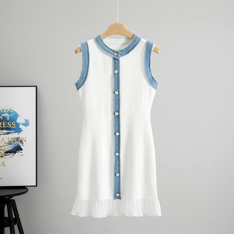 2026 Sommer Neues Damen O-Ausschnitt Kontrastfarben Strick-Strandkleid Y2k Hochwertige Mode Patch-Design Schlanker Minirock Image