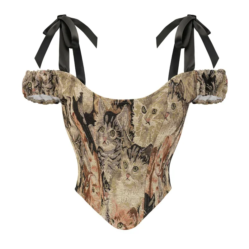 Braunes Katzenmuster Vintage Kurzarm Korsett Top Animal Print Off Shoulder Bustier Gothic Burlesque Kostüm