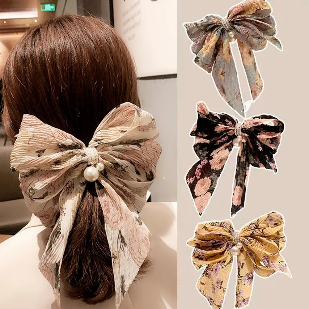 Große Schleife, süßer Stoff, florale Haarspange, koreanische Version des Hinterkopfes, Entenschnabel-Clip, Haarschmuck für Frauen Image