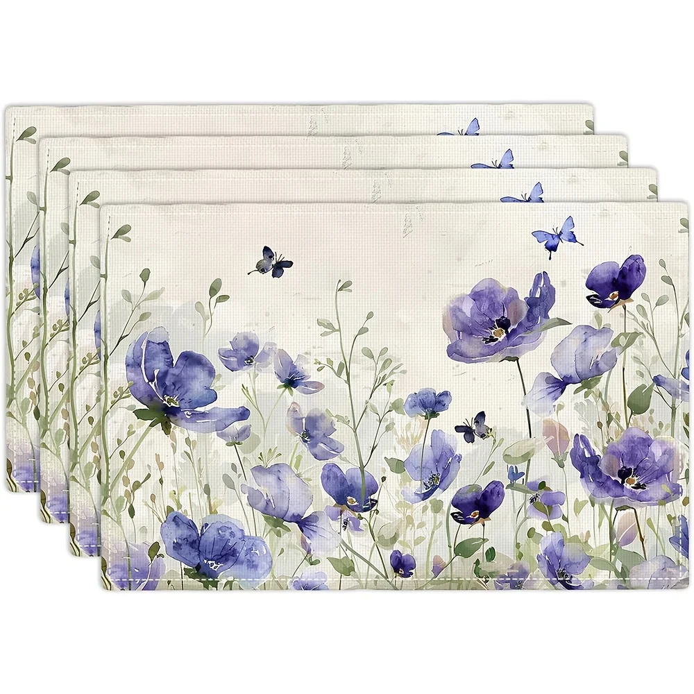 4 Stück Bauernhaus-Blumen-Tischsets, Schmetterling, Lavendel, Blumen, Pflanzen, Blumenblätter, Tischsets, rustikales Blumenmuster, wasserdicht, waschbar Image