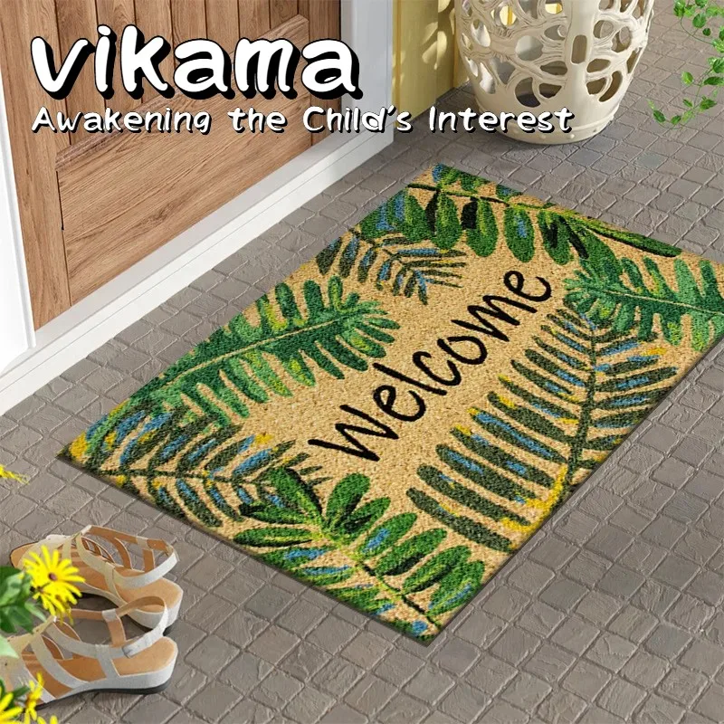 VIKAMA Flanell Willkommen – Teppich mit Blattmuster – weich, rutschfest und dekorativ für die Eingangsdekoration Image