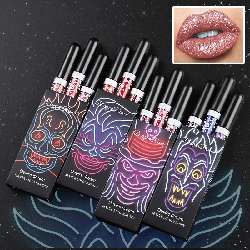Halloween Trio Set Lipgloss Antihaft-Lippenstift Glänzendes Lila Schwarz Lipgloss-Set Image