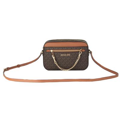 Michael Kors Women's Jet Set Item Large East West Signature Leather Zip Chain Crossbody Handbag (Brown PVC/Brown)