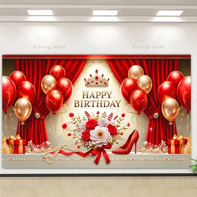 High Heels Flowers Balloons Red Photography Background Birthday Party Gifts Crown Decoration Layout
