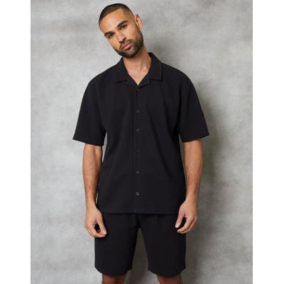Threadbare Men's Black Textured Revere Collar Short Sleeve Shirt