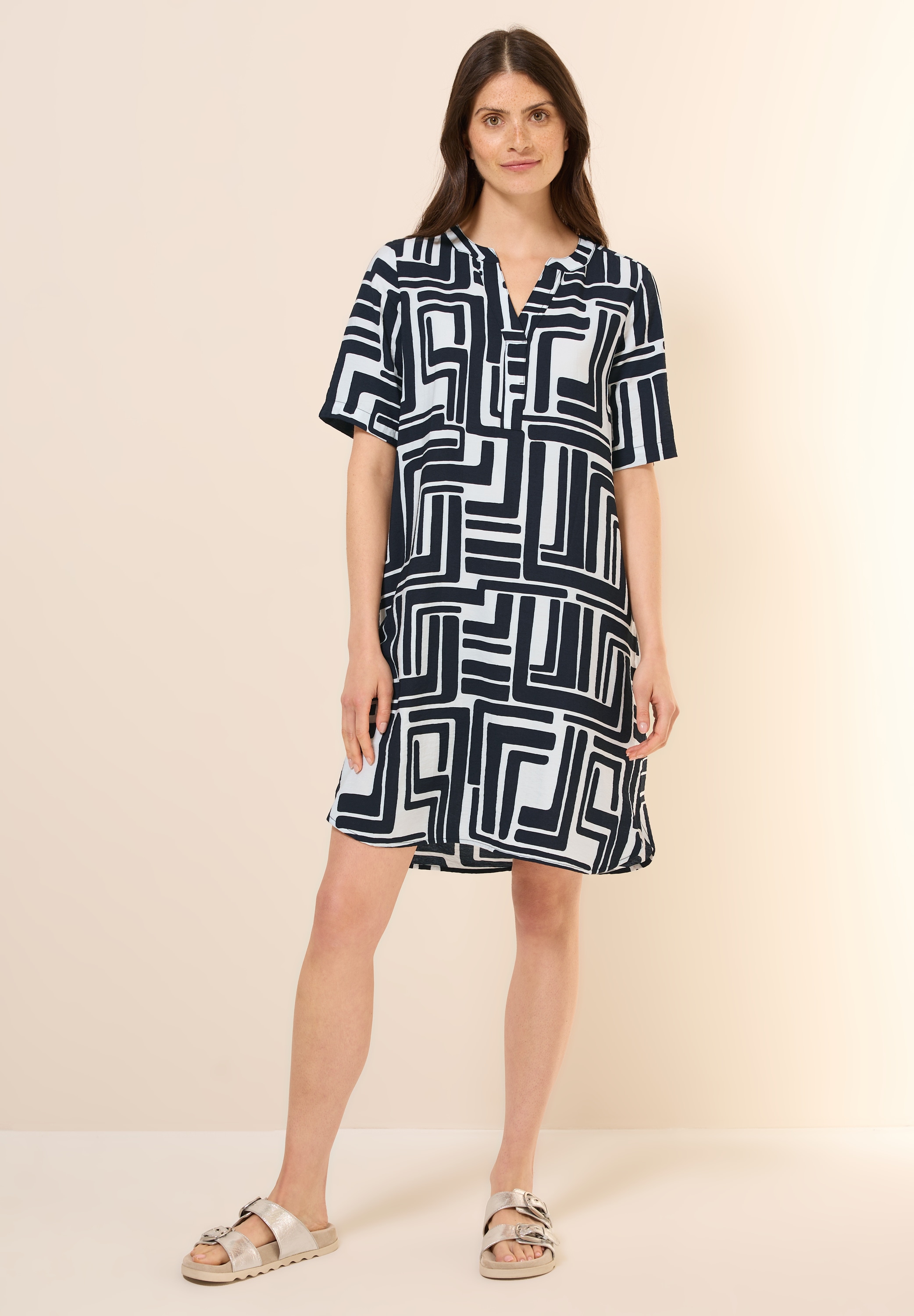 Blusenkleid CECIL, Damen, Gr. M (40), US-Größen, blau (universal blau), Stoff, 88% Viskose, 12% Nylon, bedruckt, normal knielang, V-Ausschnitt, Bündchen, Kleider Blusenkleid, knielang