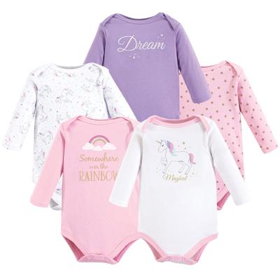 Hudson Baby Infant Girl Cotton Long-Sleeve Bodysuits 5pk, Magical Unicorn