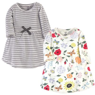 Touched by Nature Baby and Baby Girl Organic Cotton Long-Sleeve Dresses 2pk, Flutter Garden