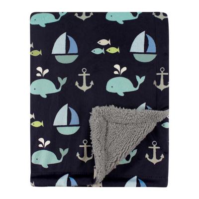 Luvable Friends Baby Boy Plush Blanket with Faux Shearling Back, Ocean, One Size - Ocean - One Size