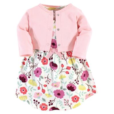 Touched by Nature Baby and Toddler Girl Organic Cotton Dress and Cardigan 2pc Set, Botanical