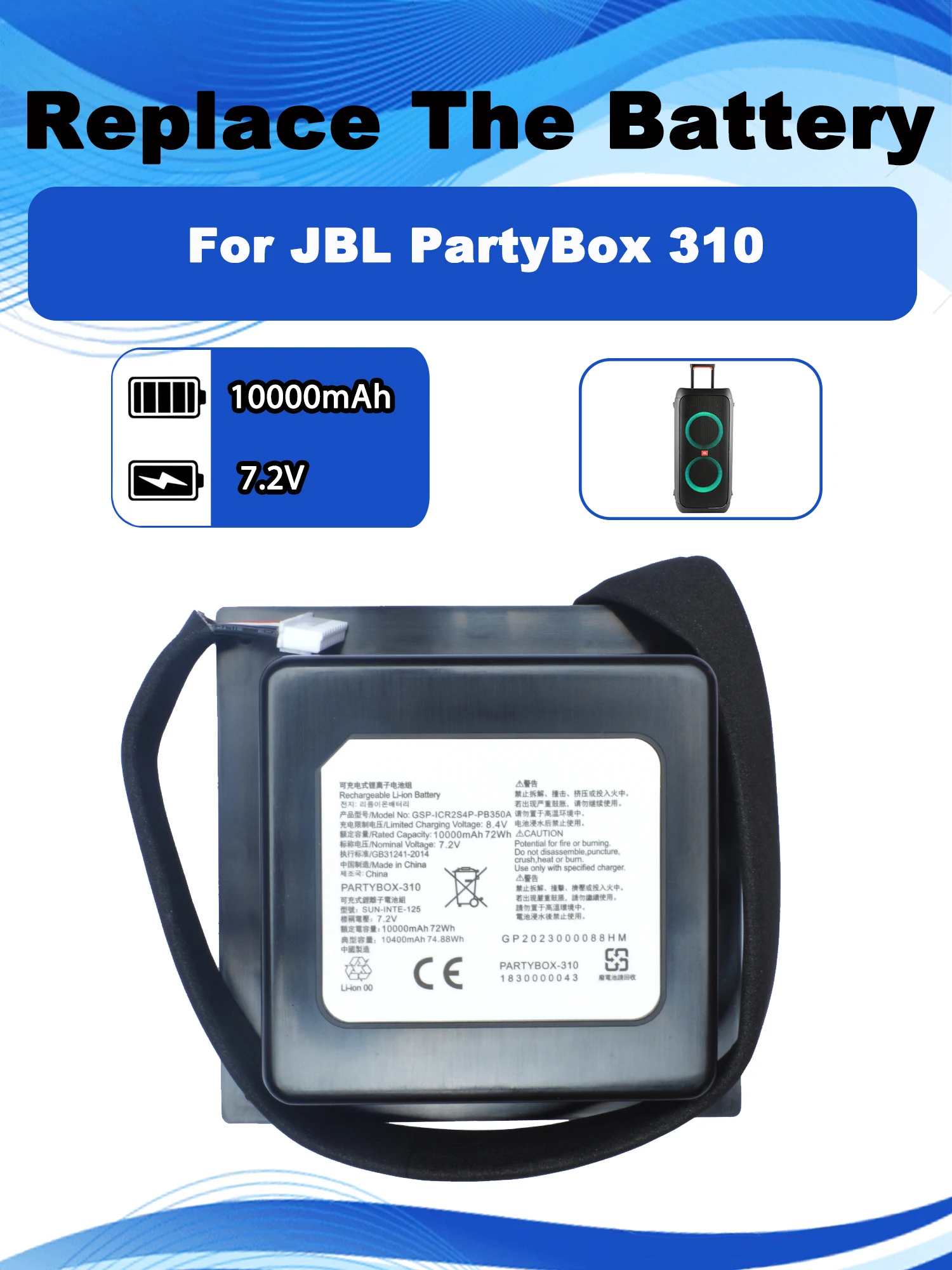 7,2 V Ersatzakku für JBL PartyBox 310 kabellose Bluetooth-Lautsprecher-Akkus 10000 mAh Image