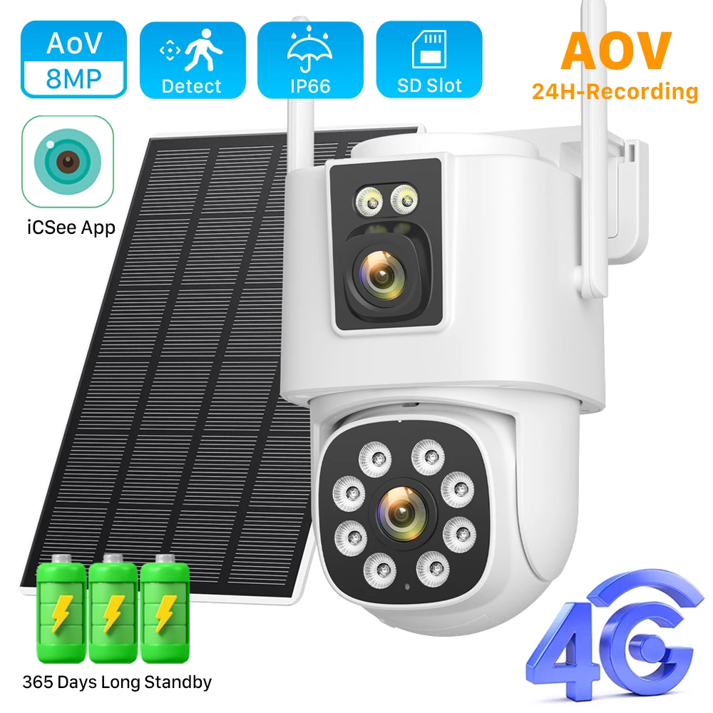 4G-Solarkamera, Dual-Objektiv, 24-Stunden-Aufnahme, eingebauter Akku, AOV-Kamera für den Außenbereich, 8 MP, 12 MP, automatische Verfolgung, Sicherheitskamera, iCSee-App Image