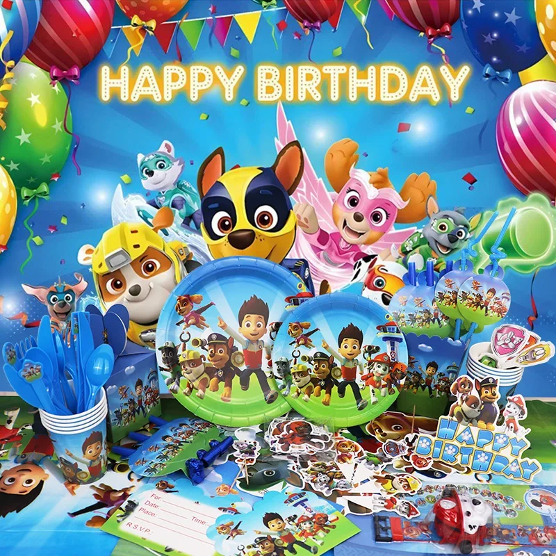 PAW Patrol Geburtstag Party Dekoration Chase Folie Latex Ballon Kinder Event Liefert Spielzeug Uhr Einweg Geschirr Banner Hintergrund Image