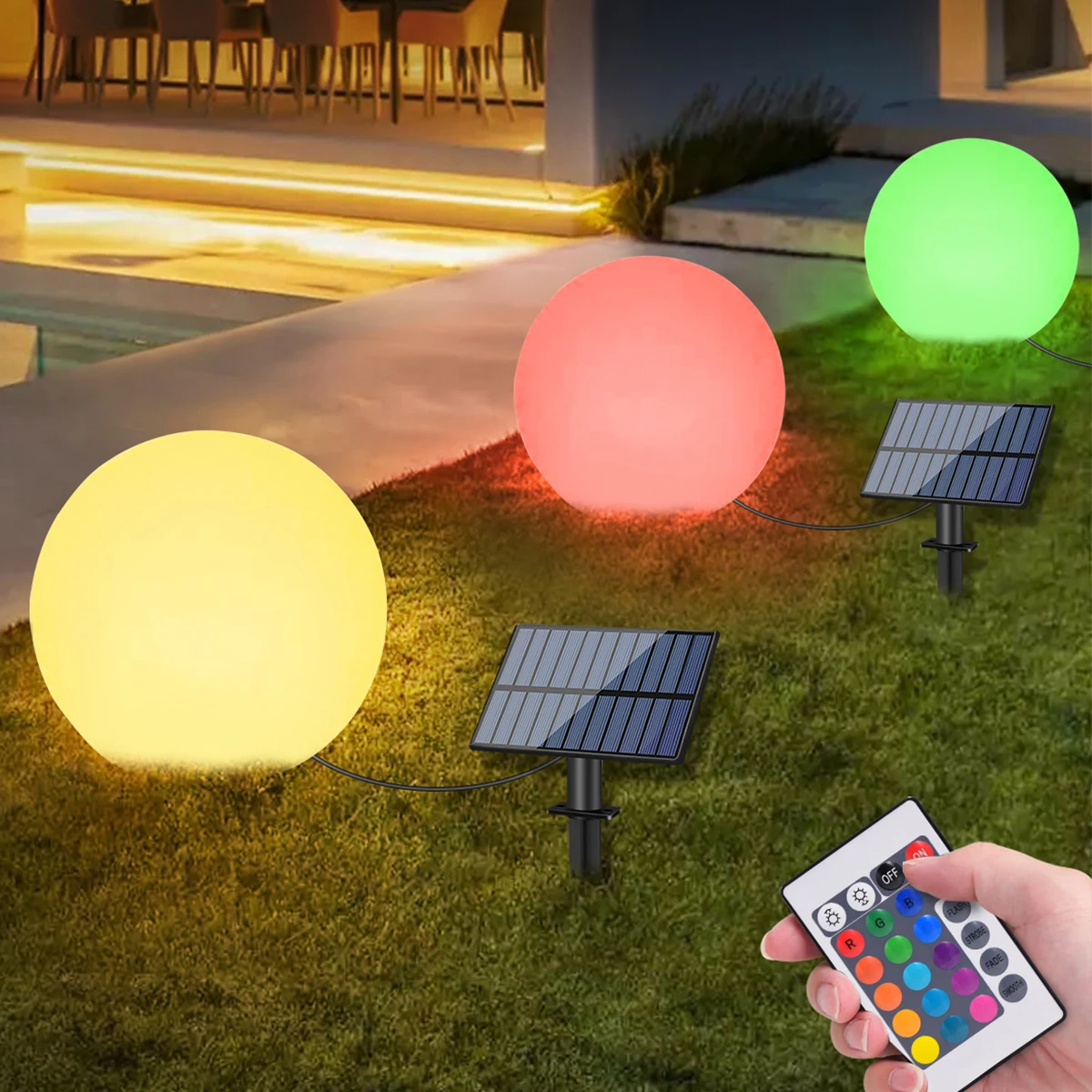 Solar-LED-Kugelleuchte mit Fernbedienung, 16 Farben und Helligkeit einstellbar, IP65, wasserdicht, geteilte Solar-Gartenleuchten für Rasen