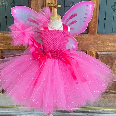 Mädchen Rosa Glitzer Tüll Kleid Kinder Schmetterling Fee Tutu Kleider mit Flügel und Stick Image