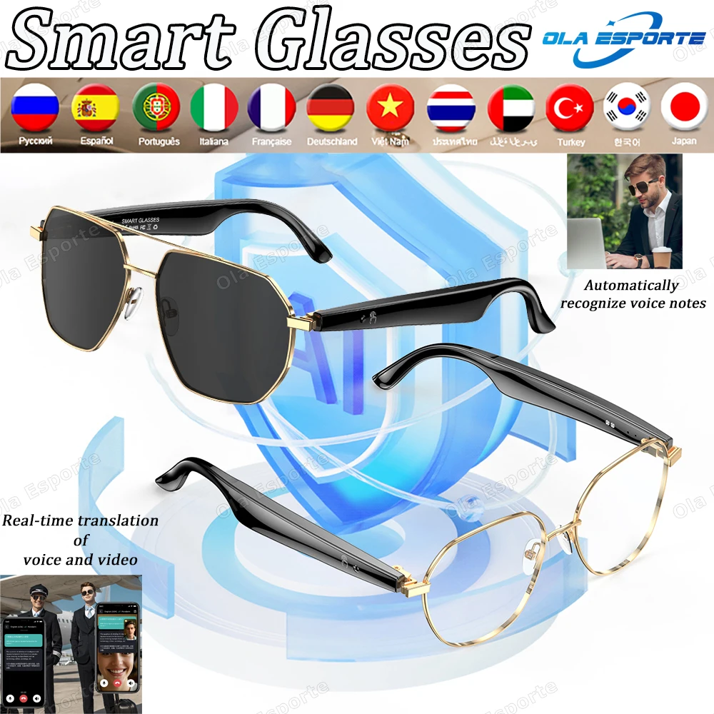 Neueste Smart-Brille mit mehreren Sprachen, KI-Echtzeit-Übersetzungsbrille, kabellose Bluetooth-Musik, integriertes Mikrofon und Lautsprecher, Sonnenbrille Image